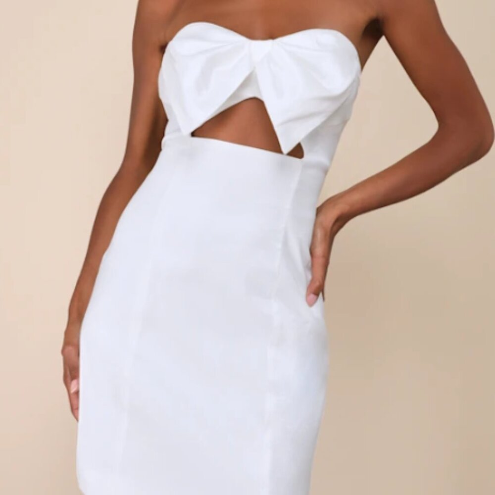 Especially Perfect White Taffeta Bow Cutout Strapless Mini Dress